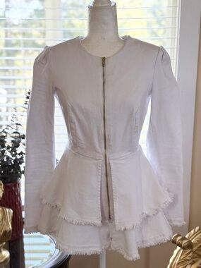 VENUS White Peplum Jean Jacket with Frayed Hem And Corset Backing